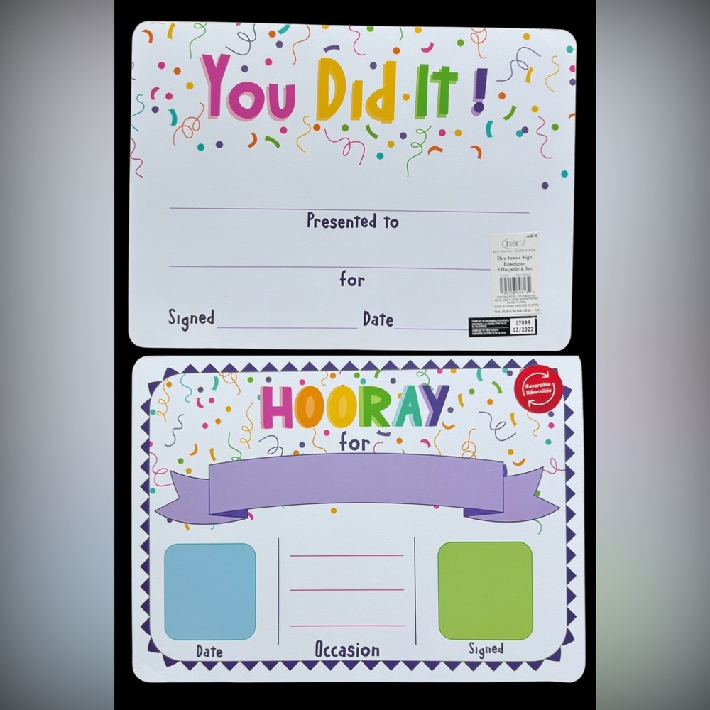 Reversible Dry Erase Sign “You Did It” “Hooray For” Celebration Board 14” x 10”